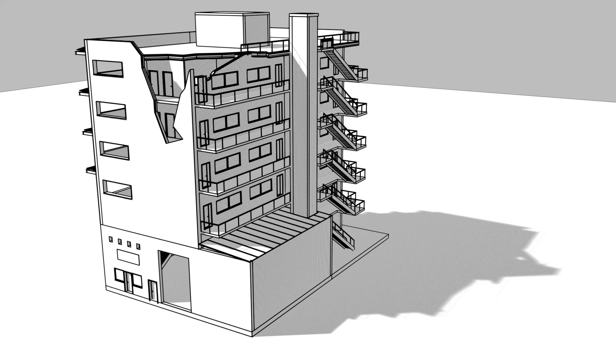 Blendit line-art render of a multi-storey building exported from Revit