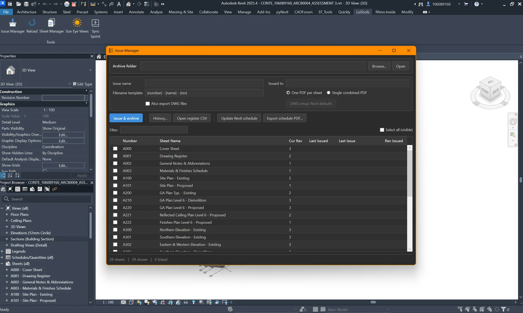 LuiTools Issue Manager window — issuing and archiving sheets to a dated folder
