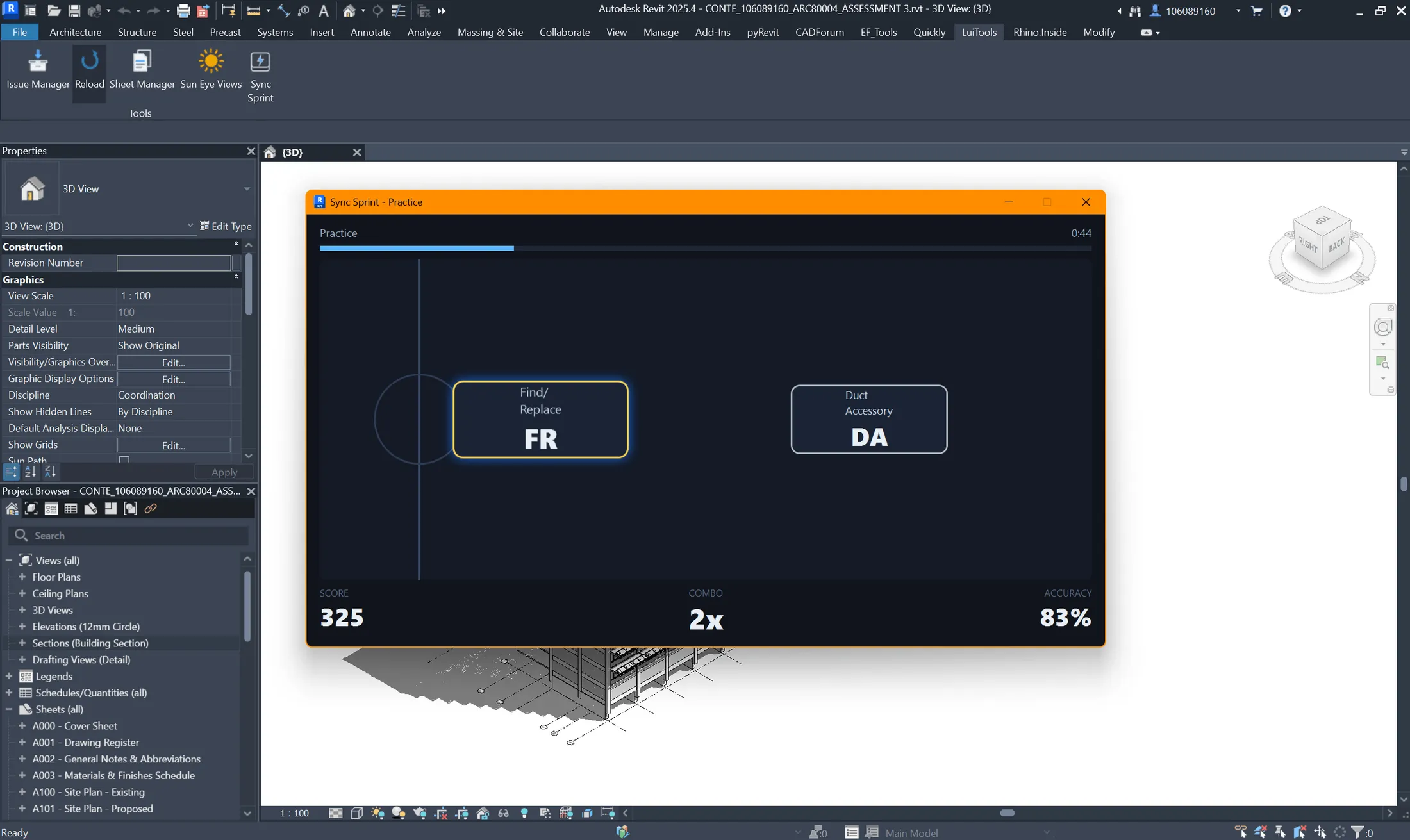 Sync Sprint — a rhythm game drilling Revit shortcuts during a sync